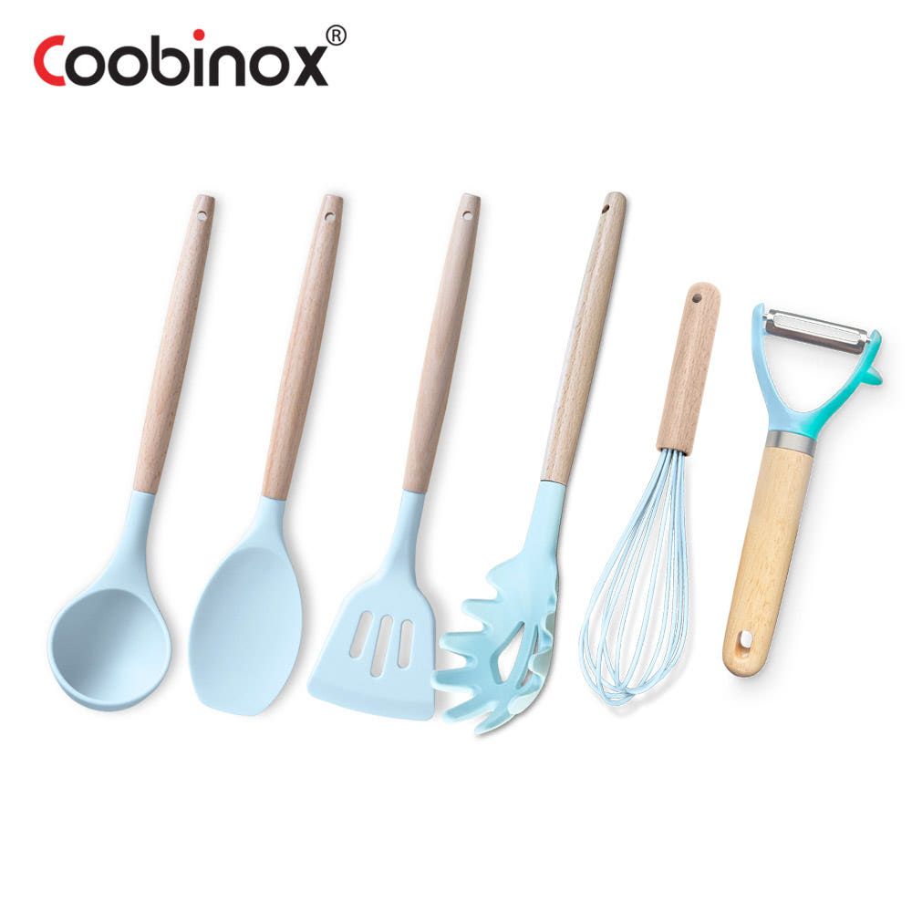 Coobinox® Premium Silicone & Wood Kitchen Utensil "Together" 6-Piece Set (CO-42-24) - Includes Ladle, Turner, Stir-fry Spoon, Whisk, Pasta Server, and Peeler
